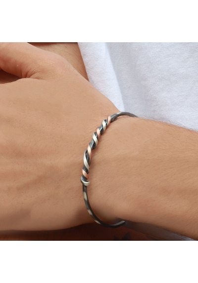 Rose Gold Çizgili Dolamalı Otantik Gümüş  Kelepçe