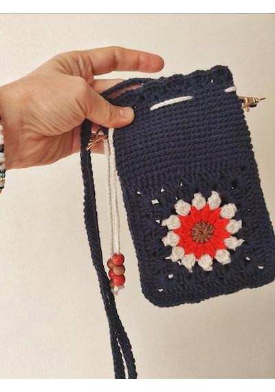 Kemzey Handmade Çiçekli Telefon Çantası, Motifli Tığ İşi Telefonluk, El Yapımı Telefon Kılıfları Kırmızı - Lacivert