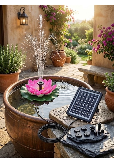 Güneş Enerjili Pembe Lotus Çiçekli Solar Fıskiye - Dekoratif Bahçe Süs Havuzu - Havuz Süsü