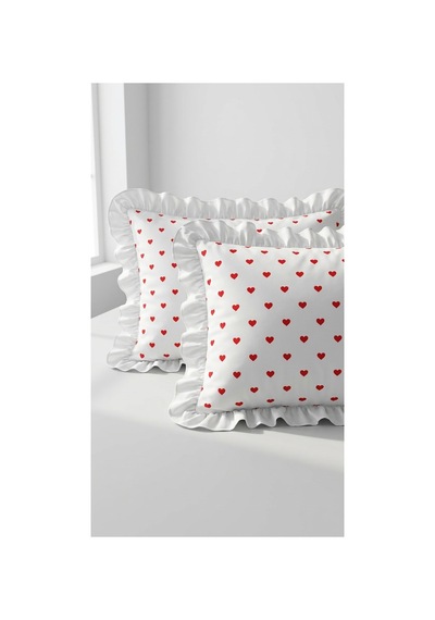 %100 Pamuklu Kalp Desenli Fırfırlı Yastık Kılıfı 2 Adet 50x70 Cm Kırmızı - 863747383 Kırmızı