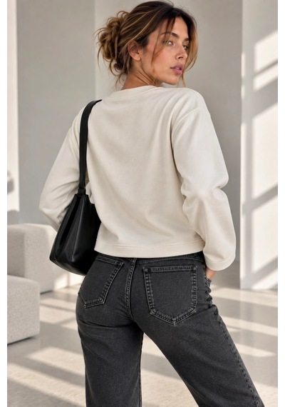 Bb Butik Basic Ön Dikiş Detaylı Basic Sweatshirt Günlük Rahat Kesim My3535 Ekru
