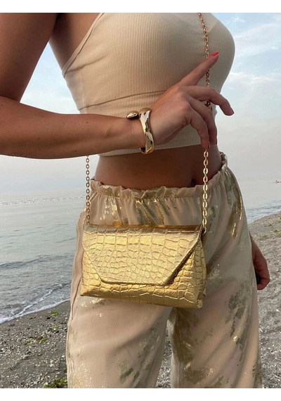 Glemix Suffle Gold Croco Desen Zincir Askılı Kadın Omuz Çantası Gold Croco