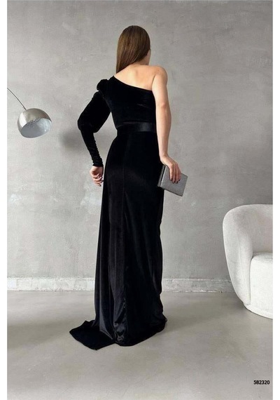 Lior Design Kadın İnce Kadife Kumaş Tek Omuz Kemerli Maxi Abiye Elbise Siyah