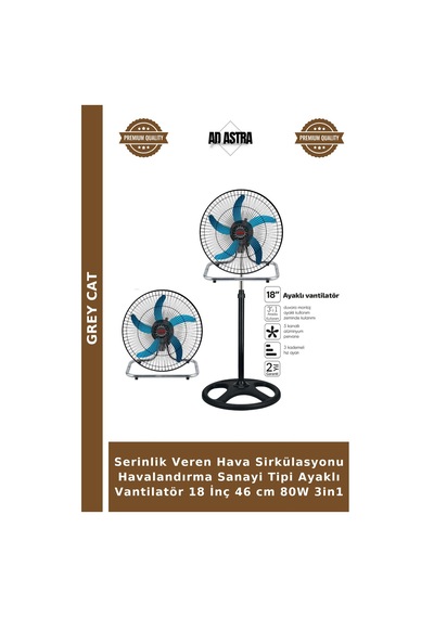 Serinlik Veren Hava Sirkülasyonu Havalandırma Sanayi Tipi Ayaklı Vantilatör 18 İnç 46 Cm 80w 3in1