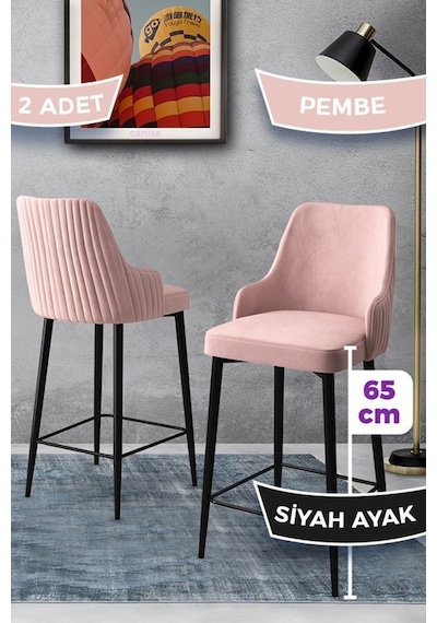 Canisa Tera Serisi 2 Pembe Sandalye 65 Cm Ada Mutfak Bar Sandalyesi Babyface Kumaş Siyah Metal Ayaklı Sandalye Pembe Ayaklar Siyah