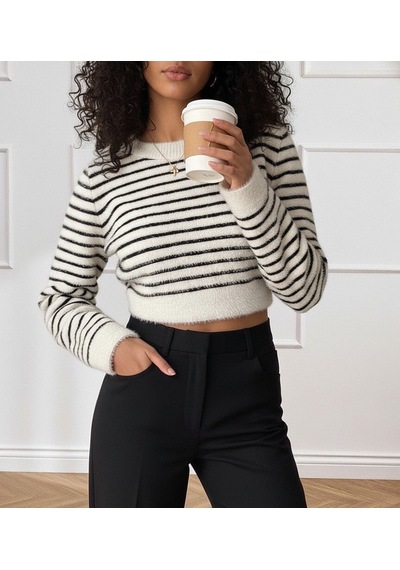 Ahes Shopping Kadın Uzun Kollu Balıkçı Yaka Crop Triko Bluz Beyaz