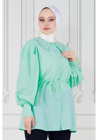 Sevitli Yakası Taş Çakım Tunik-yeşil-3648-yeşil Yeşil
