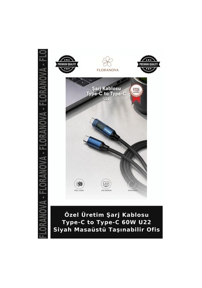 Özel Üretim Şarj Kablosu Type-c To Type-c 60w U22 Siyah Masaüstü Taşınabilir Ofis