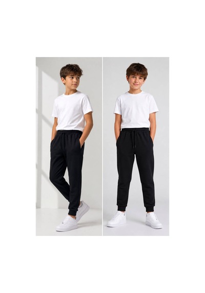 Erdem Kıds Unisex Kız Erkek Çocuk Beli Paçası Lastikli Fermuar Cepli Okul İki İplik Eşofman Altı Pantolon Siyah Siyah