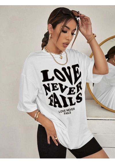 Flood Of Style Kadın Beyaz Love Never Faıls Baskılı Oversize Bisiklet Yaka Tshirt