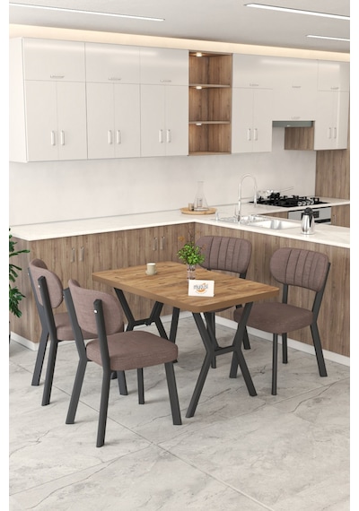 Gnr 70x110cm Sabit Atlantik Mutfak Masası Takımı, Yemek Masası, 4 Modern Kahverengi Sandalye Kahverengi