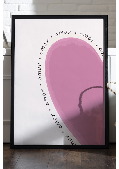 Pembe Kalp Doğal Ahşap Çerçeveli Poster, Dekoratif Hediyelik Duvar Tablosu