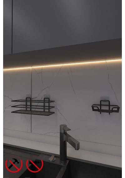 Alper Banyo Siyah 3'Lü Yapışkanlı Banyo Düzenleyici Set Raf, Sabunluk Ve Fön Askısıı