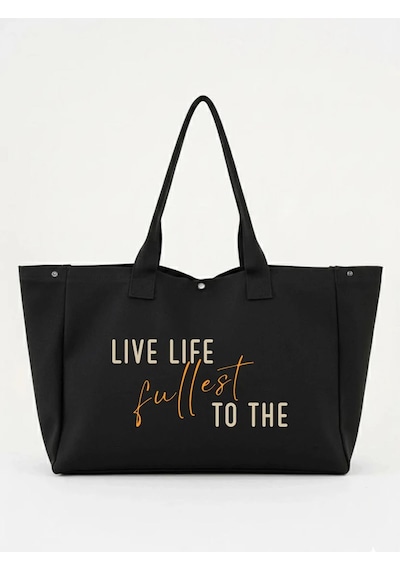 Çınar Bez Çanta Siyah 3 Çıtlı Live Life Baskılı Büyük Boy Kanvas Çanta - Standart