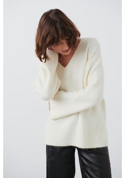 Madmext Ekru V Yaka Oversize Kadın Triko Kazak Mg2149-ekru Ekru
