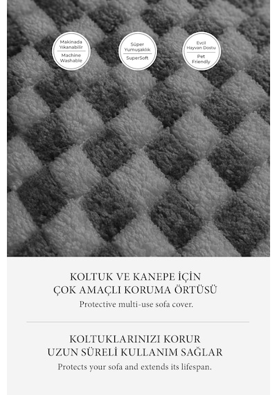 Aron Kürklü Koltuk Örtüsü 170x215 Cm Yumuşak Peluş Lüks Kaymaz Taban Kanepe Örtüsü Gri Antrasit