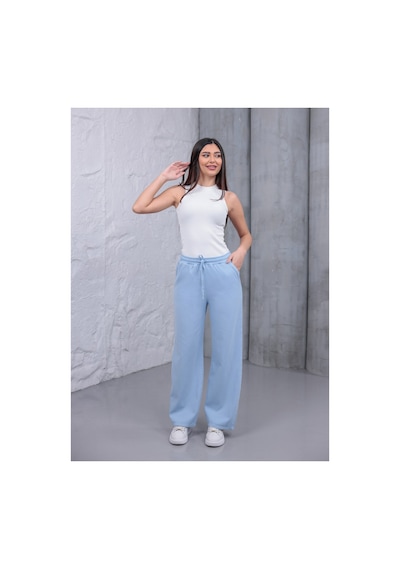 Myrab Denim Kadın Mavi Baggy Keten Pantolon Lastikli Bel Bağcıklı Rahat Geniş Paça Yazlık Pantolon