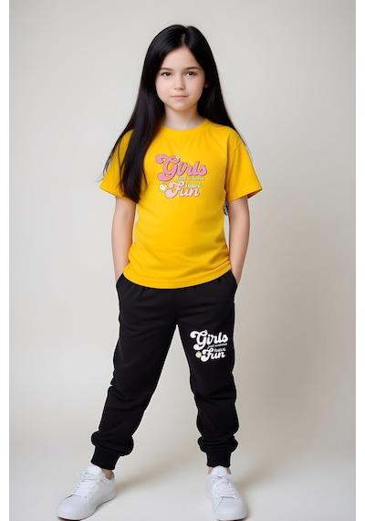 Fyk Kids Kız Çocuk Yuvarlak Yaka Baskılı Girls Fun Alt-üst Pijama Takımı Sarı