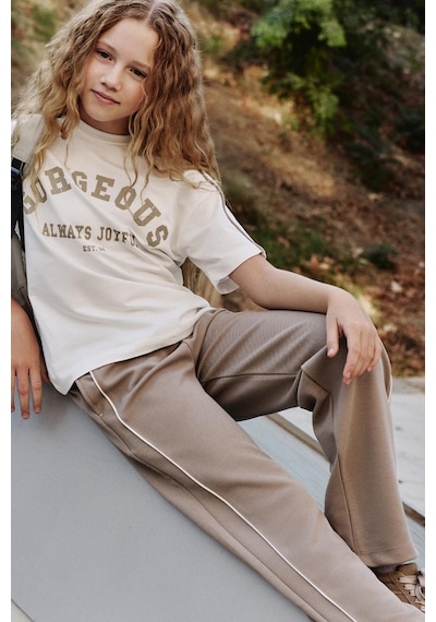 Tommylife Ekru-koyu Bej O Yaka Baskılı Geniş Paça Çıt Çıt Detaylı Kız Çocuk Palazzo Eşofman Takım - 75172 Ekru/koyu Bej Ekru - Koyu Bej