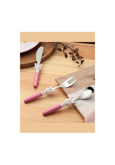 Porland Rabbit Pembe Çocuk Çatal Kaşık Bıçak Takımı 3 Parça Gri