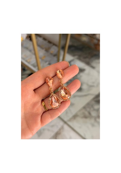 Vıp Damla Model Bronze Ve Taş Detaylı Tasarım Küpe Pembe