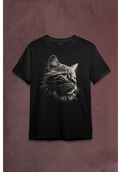 Bıyıklı Kedi Minimal Çizim 3d Efektli Realist Sepya Siyah Baskılı Tişört Unisex T-shirt 001