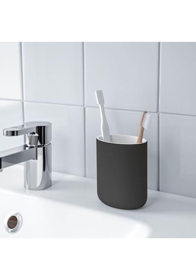2 Li Banyo Seti Ekoln Sıvı Sabunluk Diş Fırçalık Koyu Gri Renk Stoneware Koyu Gri