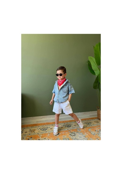 Eray Alp Kids Erkek Çocuk Mavi Kot Gömlek Beyaz Cepli Şort Takımı Günlük Rahat Kombin