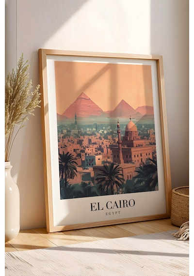 Cairo Egypt Vintage Seyahat Posteri Çerçeveli Tablo - Premium Piramitler Elit Duvar Dekoru Kayın