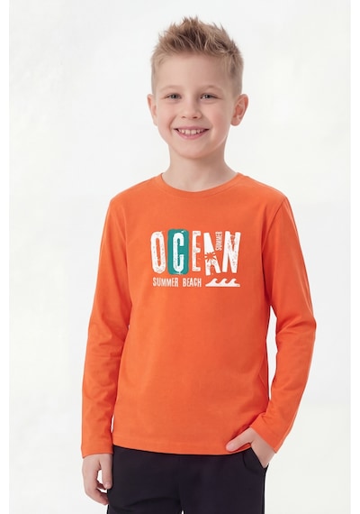 Panios Kids Yuvarlak Yaka Uzun Kollu Baskı Detaylı Erkek Çocuk Sweatshirt Turuncu