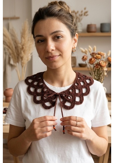 Bb Bibutikshop Kahverengi El Örgüsü Fiyonk Bağcıklı Takılabilir Yaka Vintage Dantel Model Renkli