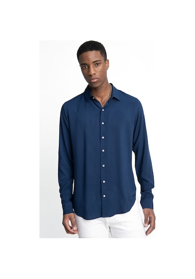 Tudors Slim Fit Dar Kesim Uzun Kol Dökümlü Viskon Şık Erkek Lacivert Gömlek-26913-lacivert Lacivert
