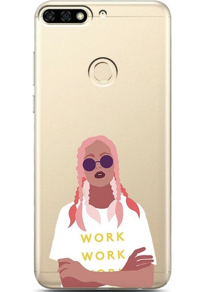 Huawei Y7 2018 Pink Hair Tasarımlı Süper Şeffaf Telefon Kılıfı Çok Renkli