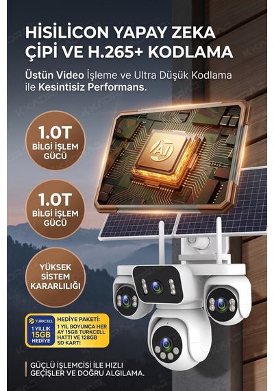 4 Kameralı Solar Panelli Güneş Enerjili Uzaktan Kontrol ,7/24 Aralıksız Kayıt, 2 Solar Panel,aı