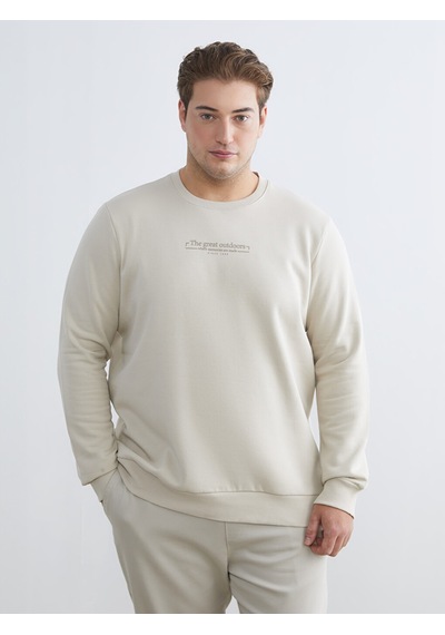 Lcwaıkıkı Classic Bej Büyük Beden Bisiklet Yaka Baskılı Kalın Erkek Sweatshirt