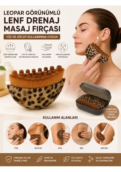 3b Trend Leopar Görünümlü Lenf Drenaj Masaj Fırçası Yüz Ve Vücut Masaj Aleti Koruyucu Kutulu