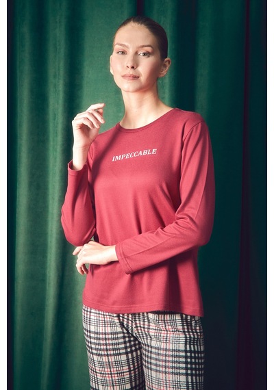Fullamoda Yazı Baskılı Bisiklet Yaka 2 Li Pijama Takımı 24mıcg631216539-bordo Bordo