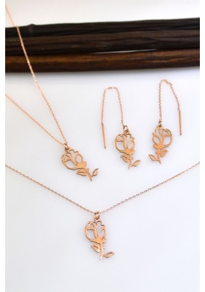 925 Ayar Gümüş Rose Kaplama Gül Kolye Küpe Bileklik Set