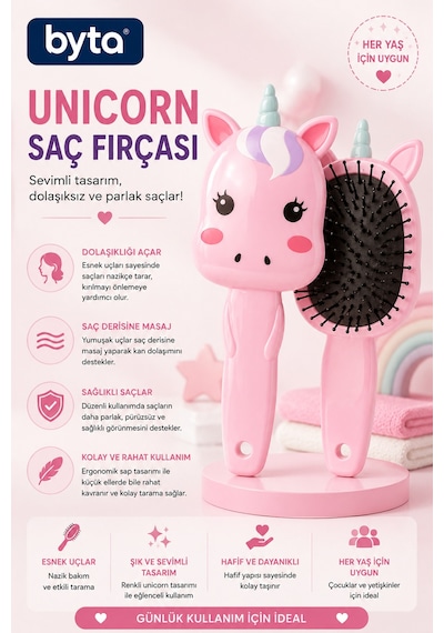 Unicorn Çocuk Saç Fırçası Dolaşık Açıcı, Yumuşak Uçlu Ergonomik Sevimli Tarama Fırçası