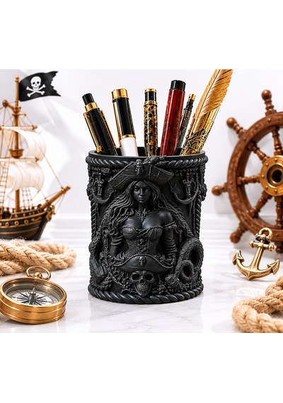Özel Tasarım Korsan Temalı Dekoratif Kalemlik 8x10 Masaüstü Organizer Premium Kalem Tutucu Siyah