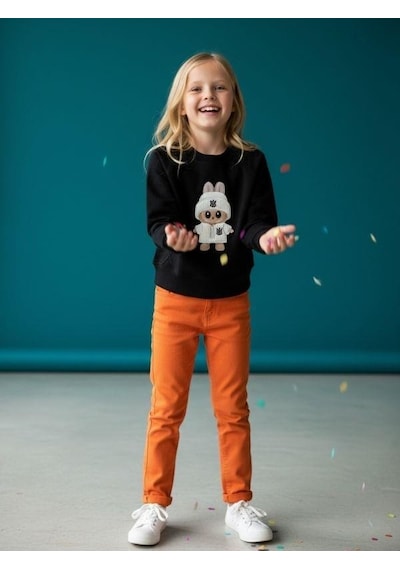 Kız Çocuk Pamuklu Karakter Baskılı Oversize Tasarım Sweatshirt-16454 Siyah
