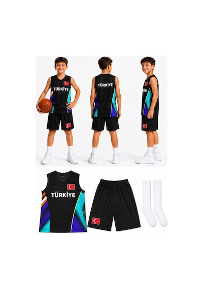 Sonvadi Çocuk Basketbol Forması Türkiye Armalı Siyah-turkuaz 3 Parça Çorap Turkuaz