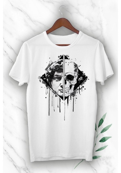 Flood Of Style Unısex Beyaz Mitoloji David Heykeli Ve Kurukafa Baskılı Kısa Kol T-shirt
