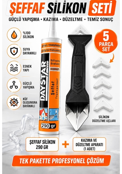 Şeffaf Silikon 290 Gr + 5 Başlıklı Silikon Kazıma Ve Derz Düzeltme Aparatı Seti