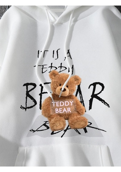 Altamira Unisex Beyaz Bear Ayı Baskılı Oversize Kapşonlu Sweatshirt 001