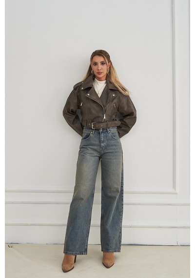 Rabia Çelik Kadın Wide Leg Yüksek Bel Baggy Kot Pantolon Füme Füme