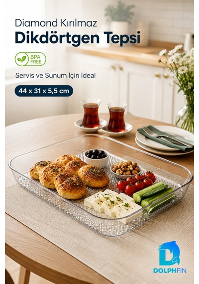 Diamond Kırılmaz Dikdörtgen Servis Tepsisi 44x31 Cm Kulplu Şeffaf Bpa İçermez