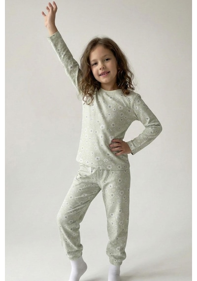 Breeze Kız Çocuk Pijama Takımı Çiçek Desenli 4-8 Yaş, Su Yeşili Su Yeşili
