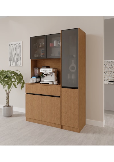 Bambu Midi Sağ Vitrinli Komple Mdf Led Aydınlatmalı Kahve Köşesi