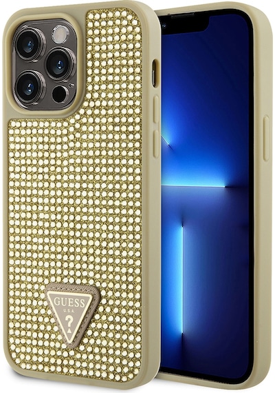 Apple Uyumlu iPhone 14 Pro Max Kılıf Guess Lisanslı Taşlı Arka Yüzey Üçgen Logolu Kapak Gold